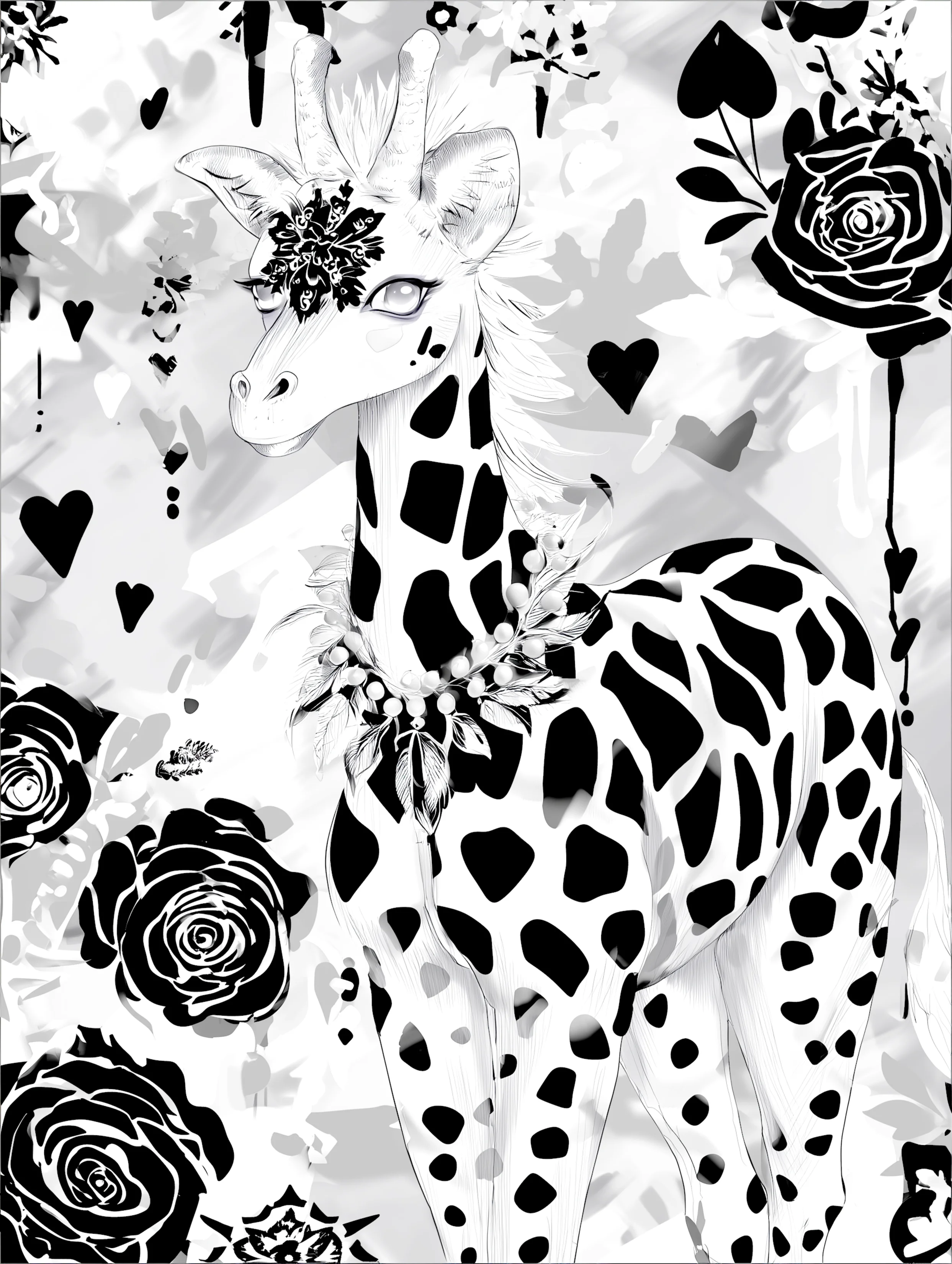 Free printable giraffe coloring page featuring giraffe wearing necklace